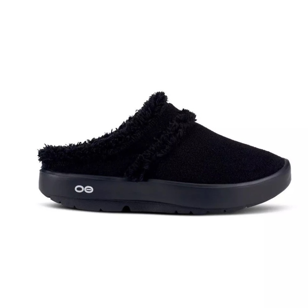 OOFOS OOmg Eevee Recovery Mules Black Faux Fur Slip On Shoes Women's Size 9